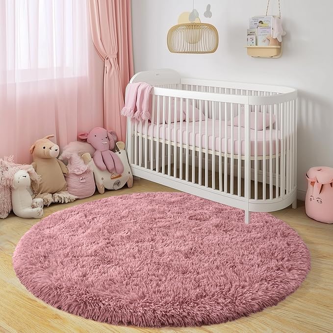 Round Fluffy Rugs 6Ft for Girls Bedroom, Blush Pink Shag Circle Kids Rug Non-Slip for Bedside Dorm Nursery Playroom, Soft Cute Area Rugs for Living Room Decor