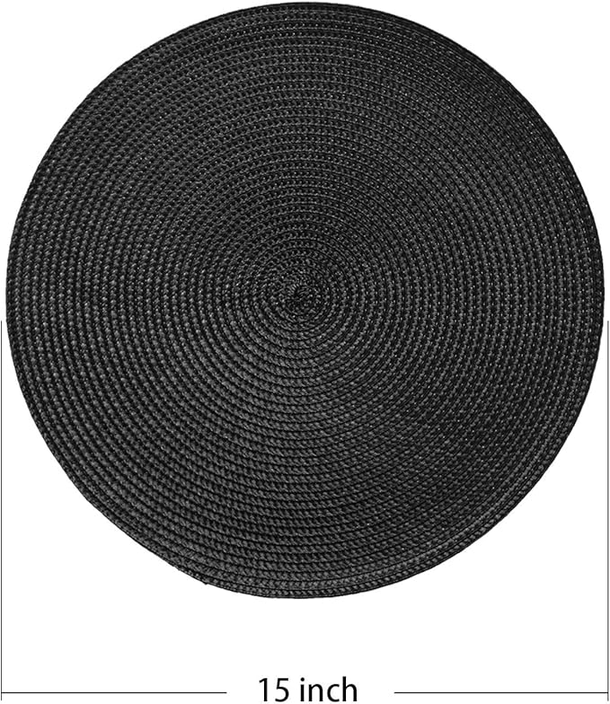 AHHFSMEI Round Braided Placemats 15 Inch Round Table Mats for Dining Tables Natural Woven Heat Resistant Place mats Set of 4 (Black,4)