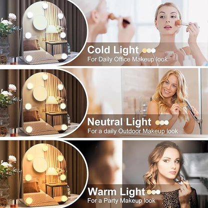 STARLEAD 11"× 14.5" Makeup Mirror with Lights and 10X Magnification, 3-Color Dimmable LED Lighting & Touch Control, 360°Rotation for Travel/Dressing Room, Arched & Bulb