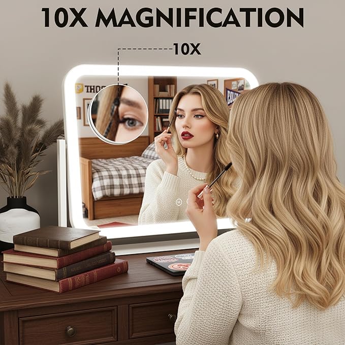 HNV 17"x13" Hollywood Vanity Mirror with Lights, Rounded Makeup Mirror with 10X Magnification, 3 Color Dimmable LED, Smart Touch Control & 360° Rotation, Shatter-Resistant Tabletop Desk Mirror (White)