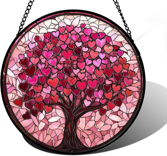 DASTOLL Stained Glass Window Hanging, Pink Love Tree of Life Sun Catchers Colorful Glass Panel Suncatcher Decor for Birthday for Women, Men, Wife, Lovers, and Mom 11.8x11.8 in