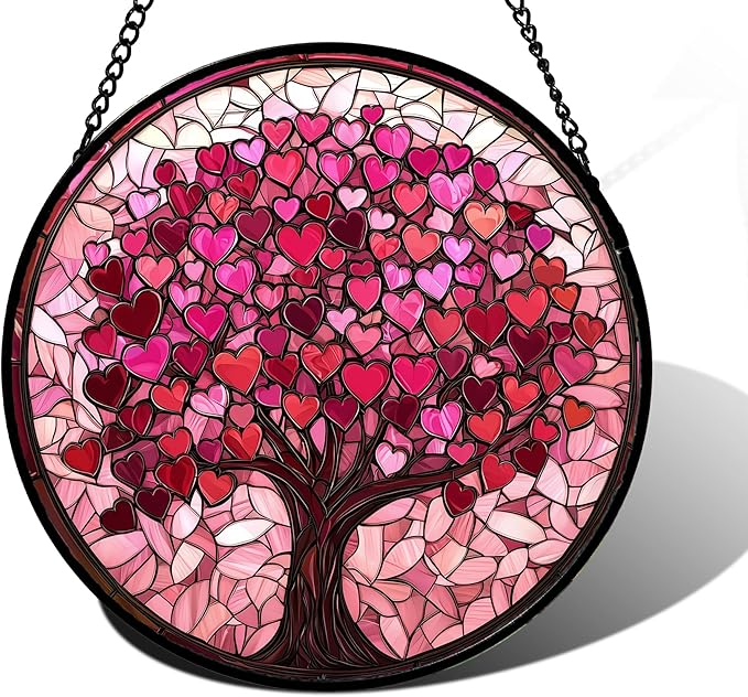 DASTOLL Stained Glass Window Hanging, Pink Love Tree of Life Sun Catchers Colorful Glass Panel Suncatcher Decor for Birthday for Women, Men, Wife, Lovers, and Mom 9.8 in