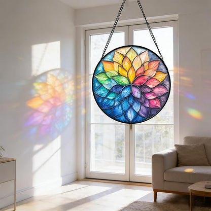 DASTOLL Stained Glass Window Hanging, Colorful Flower Petals Sun Catchers Diamond Glass Panel Hangings Suncatcher Decor for Birthday for Women, Men, Wife, Aunt, and Mom 11.8x11.8 in