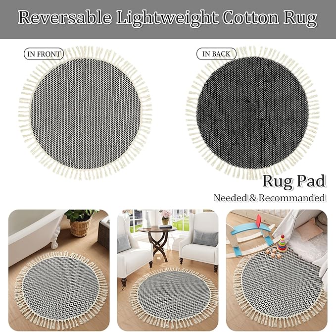 Lahome Boho Black and White Round Rug 3ft, Small Circle Bathroom Kitchen Rug Lightweight Washable Rugs for Entryway with Tassels, Farmhouse Cotton Non Shedding Round Mat for Bath Dorm Bedroom