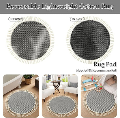 Lahome Boho Black and White Round Rug 3ft, Small Circle Bathroom Kitchen Rug Lightweight Washable Rugs for Entryway with Tassels, Farmhouse Cotton Non Shedding Round Mat for Bath Dorm Bedroom