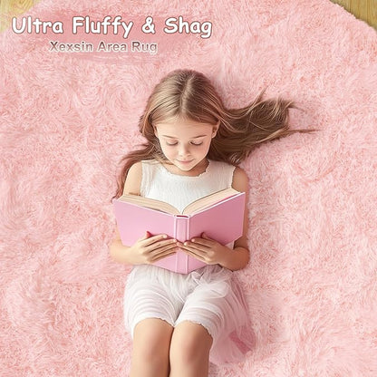 Round Fluffy Rugs 8Ft for Girls Bedroom, Pink Shag Circle Kids Rug Non-Slip for Bedside Dorm Nursery Playroom, Soft Cute Area Rugs for Living Room Decor