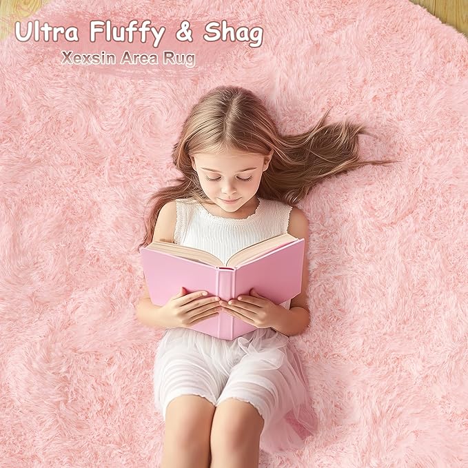 Round Fluffy Rugs 7Ft for Girls Bedroom, Pink Shag Circle Kids Rug Non-Slip for Bedside Dorm Nursery Playroom, Soft Cute Area Rugs for Living Room Decor