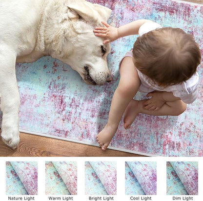 Modern Abstract 3x5 Girls Room Rug, Machine Washable Blush Pink Sky Blue Entryway Rug, Thin Kitchen Mat Non-Slip, Print Faux Wool Soft Floor Carpet for Girl Women's Bedroom Bedside
