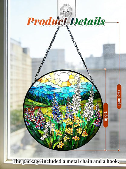 Stained Glass Window Hanging, Wildflowers Plant Scenery Suncatcher for Door Home Decor,Valley Sunrise Sun Catcher Ornament Mother's Day Birthday Gifts for Women Men Mom 7.8 in