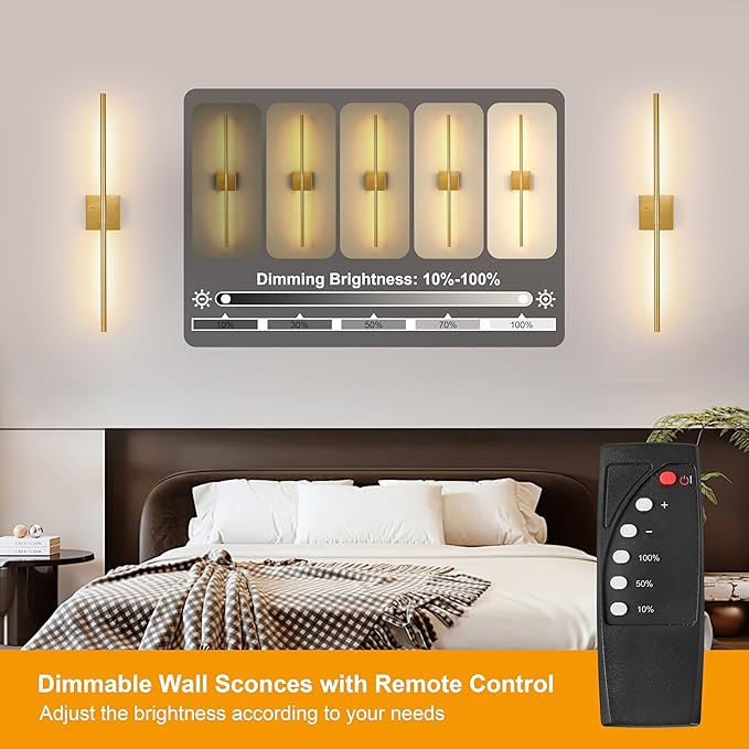 Gold Battery Operated Wall Sconces, Dimmable Wall Sconces with Remote Control, Rechargeable Sconces Wall Lighting, 40″ LED Wireless Wall Lights for Bedroom, Living Room, Bathroom