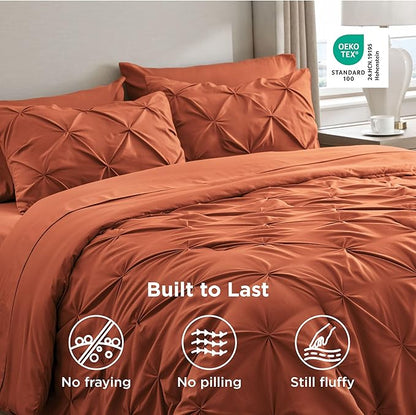 Bedsure Full Comforter Set Burnt Orange - Bed in a Bag Full Size Bedding Set 7 Pieces, GentleSoft™ Pintuck Bed Set Gift for Family, Pinch Pleat All Season Comforter with Sheets, Pillowcases & Shams