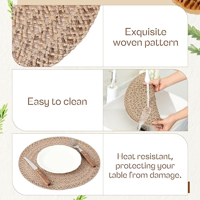 12 Pcs Jute Placemats Boho Braided Woven Table Mats for Dining Table Farmhouse Coasters for Thanksgiving Christmas Party Wedding Events(Classic,12 Inches)