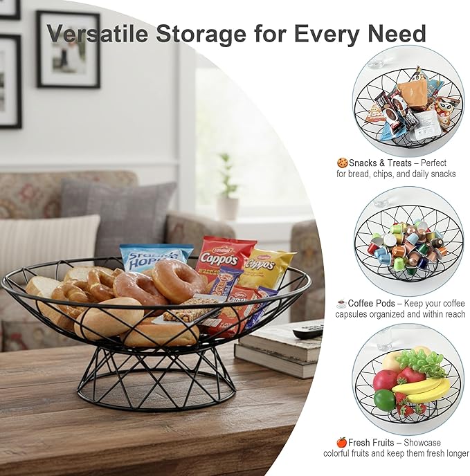 Large Metal Wire Fruit Bowl, Round Mesh Fruit Basket for Kitchen Countertop, Modern Decorative Bread Vegetable Storage Holder Organizer(Black)