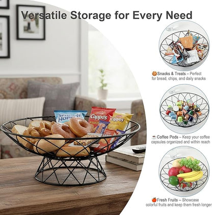 Large Metal Wire Fruit Bowl, Round Mesh Fruit Basket for Kitchen Countertop, Modern Decorative Bread Vegetable Storage Holder Organizer(Black)
