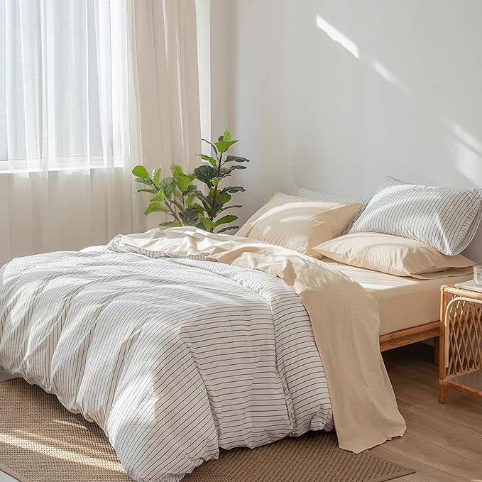 MooMee Bedding Sheet Set 100% Washed Cotton Linen Like Textured Breathable Durable Soft Comfy (Solid Sandy Beige, King)