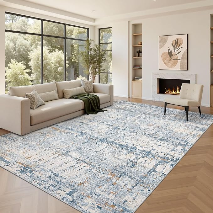 Blue 8x10 Area Rugs,Large Soft Rugs for Living Room, Blue Washable Rug, Modern Abstract Rugs for Bedroom Dining Room, Non-Slip Foldable Thin Indoor Carpet Stain Resistant(Blue Beige)