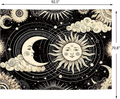 Delur Sun and Moon Tapestry Black Dark Boho Spiritual Burning Sun Tapestry Wall Hanging Mystic Aesthetic Cloud Abstract Star Psychedelic Headboard for Bedroom Living Room Home Decor (70.8" x 92.5")