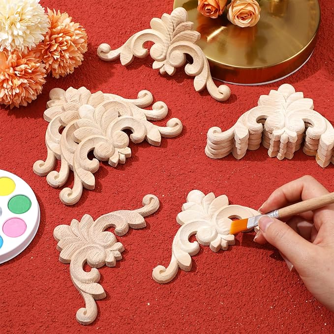 20 Pcs Wood Applique Corner Onlay Decorative Wood Applique DIY Wooden Carved Corner Unpainted Wooden Carved Decals Carving Decal for Furniture Wall Cupboard Bed Cabinet(Classic Style)