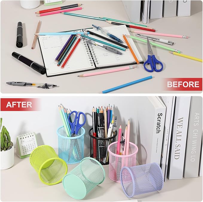 uxcell 2Pcs Mesh Pencil Holder, Metal Pen Cup Desk Organizer Makeup Brush Cup Holder for Home, Office, Classroom(Light Purple)