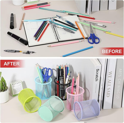 uxcell 2Pcs Mesh Pencil Holder, Metal Pen Cup Desk Organizer Makeup Brush Cup Holder for Home, Office, Classroom(White)