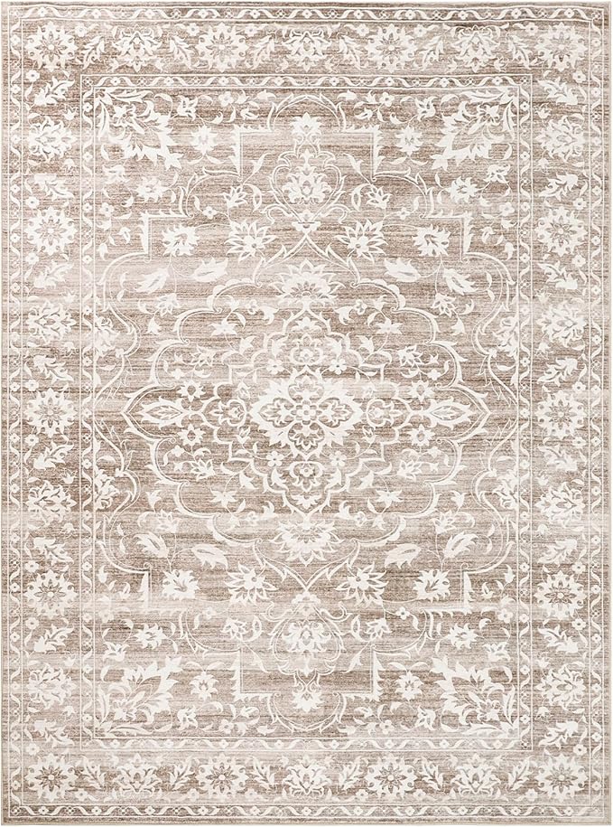 10x14 Area Rugs for Living Room Large Washable Rugs for Bedroom Floral Vintage Non-Slip Thin Area Rug Indoor Home Office Decor Light Brown