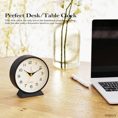 AYRELY® 4.5" Analog Alarm Clock,Small Retro Desk Clock Battery Operated,Slient Metal Table Clock with Light for Living Room Decor,Bedroom,Bedside,Shelf (Black)