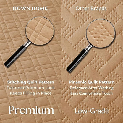 DOWN HOME Twin Quilt Set with Sham Lightweight Quilted Bedspread Coverlet Thin Comforter Bed Cover Vintage Washed Quilted Blanket for All Season, Brushed Microfiber Diamond Stitching, Brown, 66"x92"