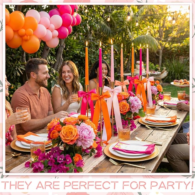 6 Set Pink and Orange Sunset Party Decorations, 6 Candle Holders and 6 Ribbon Bow, Metal Brass Gold Candlestick Holders for Table Wedding Bachelorette Birthday Tequila Sunrise Party Supplies