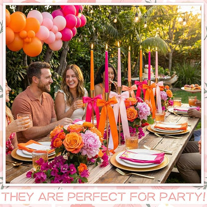 6 Set Pink and Orange Sunset Party Decorations, 6 Candle Holders and 6 Ribbon Bow, Metal Brass Gold Candlestick Holders for Table Wedding Bachelorette Birthday Tequila Sunrise Party Supplies