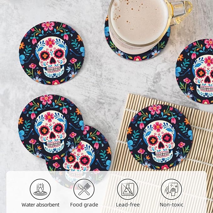 6 Pcs Ceramic Coasters with Holder Absorbent Drink Round Mexican Sugar Skull and Flowers Design for Home Table Coffee Cup Wine Beer Bar,Size 4.4 inches