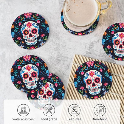 6 Pcs Ceramic Coasters with Holder Absorbent Drink Round Mexican Sugar Skull and Flowers Design for Home Table Coffee Cup Wine Beer Bar,Size 4.4 inches