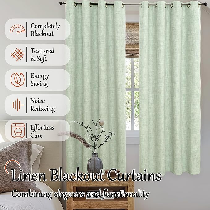 Lajode Sage Green Blackout Curtains for Bedroom - Linen Curtains 72 Inch Length Thermal Insulated Privacy Burlap Boho Window Drapes for Living Room Scandi Farmhouse Dining, 2 Panels, Each 52" Wide