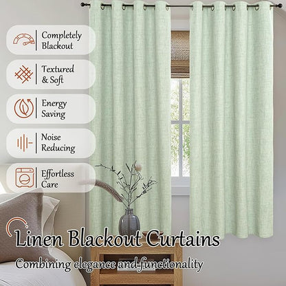 Lajode Sage Green Blackout Curtains for Bedroom - Linen Curtains 63 Inch Length Thermal Insulated Privacy Burlap Boho Window Drapes for Living Room Scandi Farmhouse Dining, 2 Panels, Each 52" Wide