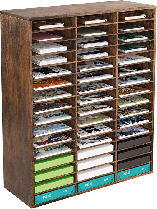 TQVAI Literature Organizer, Heavy Duty 48 Compartments Countertop Mail Organizer with Adjustable Shelves, Wooden Desk Paper Storage Organizer, Mailboxes Cubbies for Office, Classroom, Anqitue
