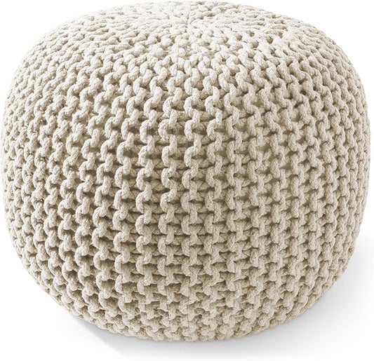 Casafield Round Pouf Ottoman, Natural - 20" Diameter x 14.5" High Cotton Knit Foot Stool - Boho Floor Pouffe for Living Room, Bedroom, Home Office