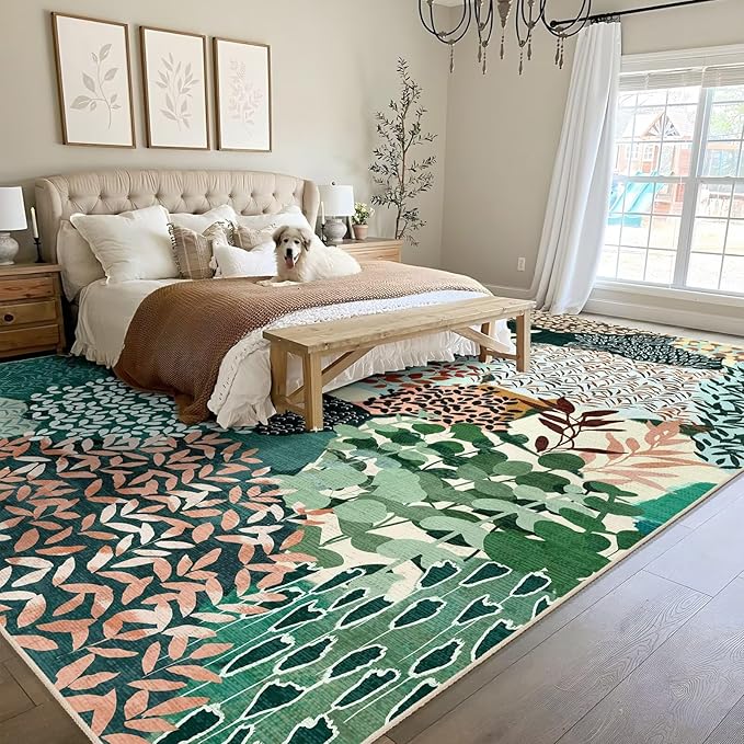 DEXDE Large Area Rugs 9x12 for Living Room, Floral Washable Rug Boho Print Vintage Low Pile Non Slip Carpet for Bedroom Kids Room Nursery Office Dinning Room, Dark Green