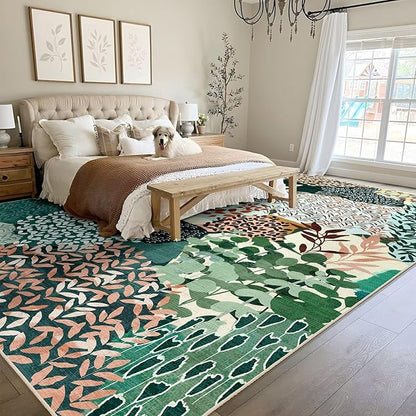 DEXDE Large Area Rugs 9x12 for Living Room, Floral Washable Rug Boho Print Vintage Low Pile Non Slip Carpet for Bedroom Kids Room Nursery Office Dinning Room, Dark Green