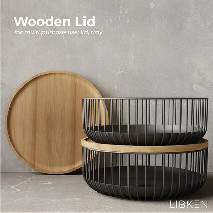 Fruit Basket with Wooden Bamboo Lid - Fruit Bowl For Kitchen Counter - Countertop Bin for Produce Fruits, Potato and Veggie - Metal Wire Baskets For organizing - 11.4"x11.4"x4.5" - Black