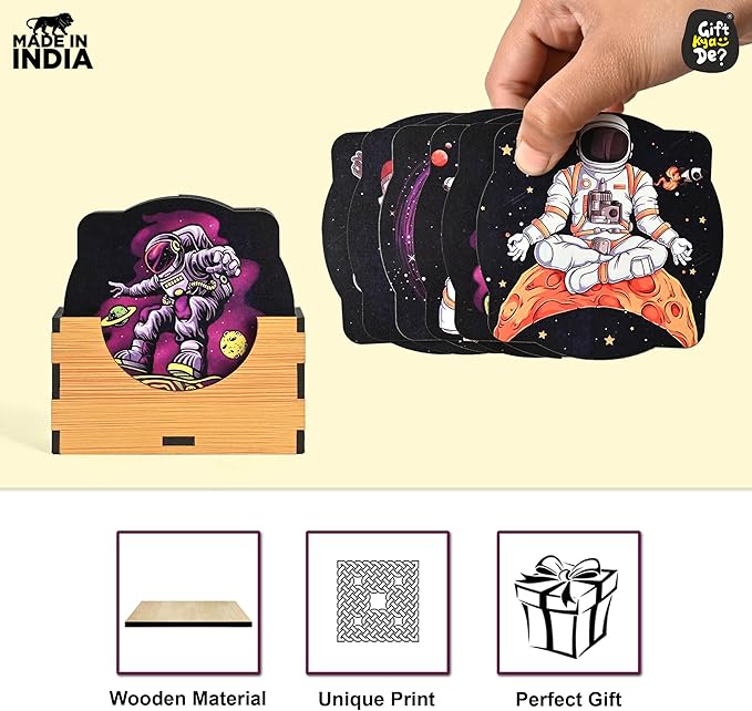 GKD Wooden Coasters for Drinks, MDF Coaster Set of 6 with Holder, Astronaut Theme, 3.5 inches Eco-Friendly Square Absorbent Coaster for Coffee Table, Bar, Drinking Glasses, Tabletop Protection