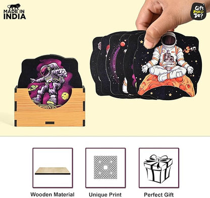 GKD Wooden Coasters for Drinks, MDF Coaster Set of 6 with Holder, Astronaut Theme, 3.5 inches Eco-Friendly Square Absorbent Coaster for Coffee Table, Bar, Drinking Glasses, Tabletop Protection