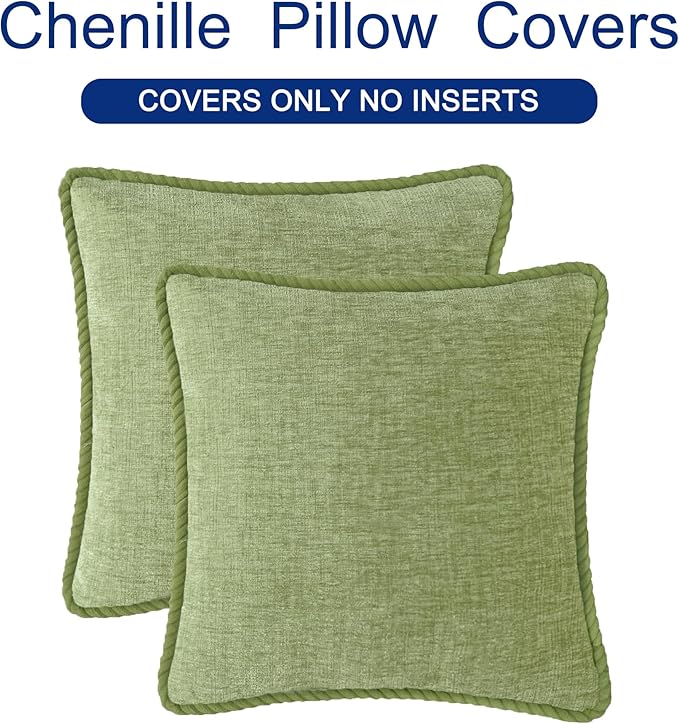 CaliTime Decorative Couch Throw Pillow Covers 16 X 16 Inches Pack of 2 Cozy Chenille Piping Edge Cushion Cases for Sofa Bed Living Room Home Sage Green