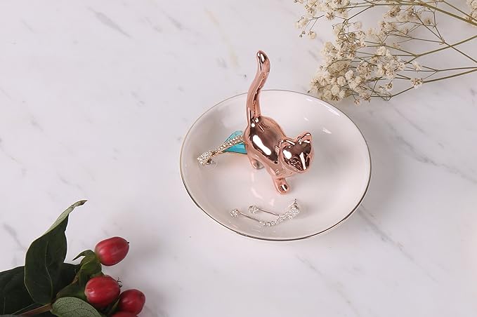 Cat Ring Holder Trinket Tray Ceramic Jewelry Dish Porcelain Ring Organizer Gift for Women, Girlfriend or Valentine's Day (Rose gold-2)