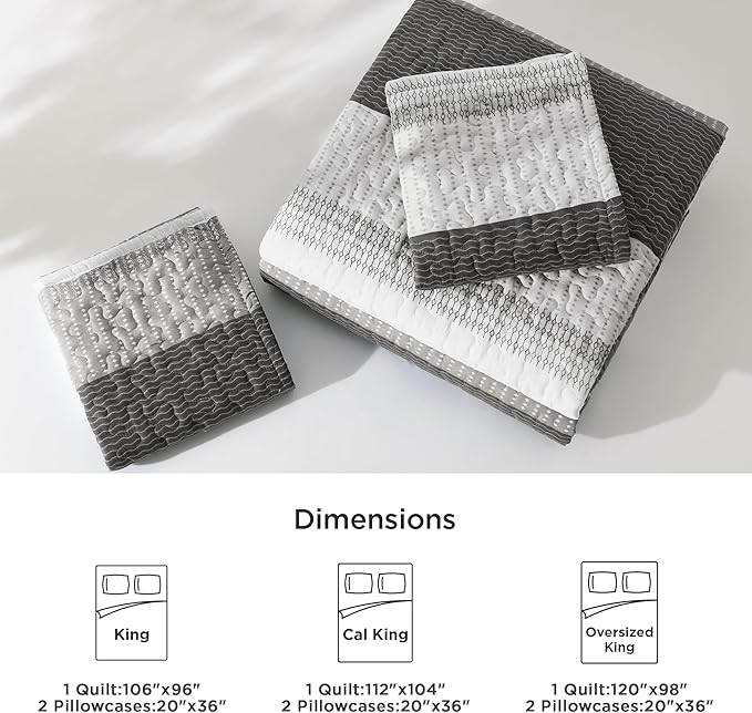 Litanika Quilt King Size Dark Grey, Stripe Patchwork Summer Bedspread Coverlet 3 Pieces, Soft Lightweight Microfiber Quilted Bedding Set for All Season(1 Quilt, 2 Pillowcases)