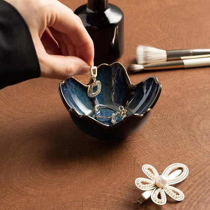 Floral Ceramic Jewelry Tray - 3.5" Elegant Ring Holder Dish & Trinket Bowl for Vanity Dresser Decor (blue)