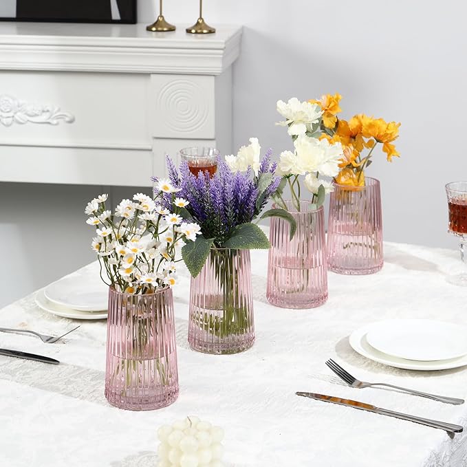 Pink Glass Vases Set of 4, Small Vases for Flowers, Flower Vase for Bouquet, Modern Ribbed Glass Vase for Living Room, Bedroom, Dining Table, Office, Wedding, Centerpieces