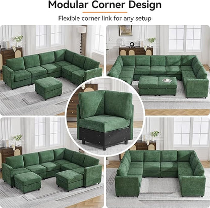 104'' V Shaped Modular Sofa, Sectional Couch with Storage for Living Room, Modern 7 Seater Cloud Sectional Couch with Movable Ottoman, Chenille Dark Green