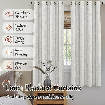 Lajode 100% Blackout Curtains for Living Room 72 Inch Length 2 Panels Set, Thermal Insulated Light Blocking Boho Faux Linen Window Curtains for Bedroom, Bronze Grommet, Each 52" Wide, Light Grey