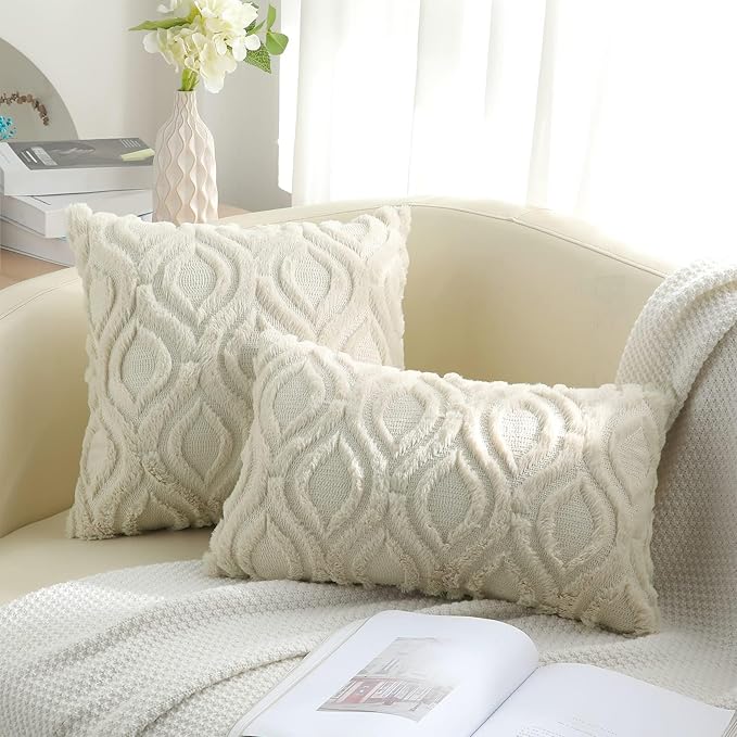 decorUhome Spring Euro Sham Throw Pillow Covers 26x26 Inch Set of 2, Soft Plush Faux Wool Beige Solid Couch Pillow Covers, Accent Farmhouse Neutral Square Pillow Cases for Sofa Bed Living Room