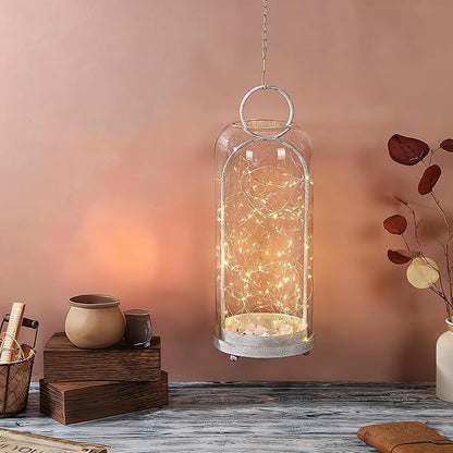 20" High Versatile Modern Metal Hurricane Lantern with Handmade Sturdy Glass Dome in Vintage White for Pillar Candle & Plants, Industrial, Farmhouse, Shabby Chic