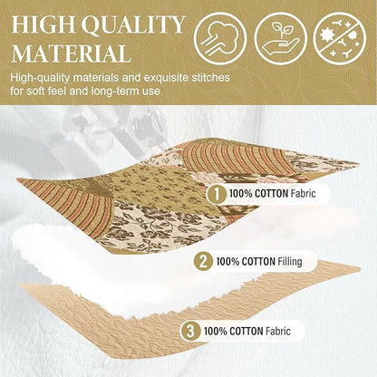 SahSahCasa 100% Cotton 120"x120" Oversized California King Bedspread Coverlet Quilt Set, Cal King Quilted Bedspread Extra Large Quilt, Floral XL Bed Spread Lightweight Comforter, Beige/Green/Brown